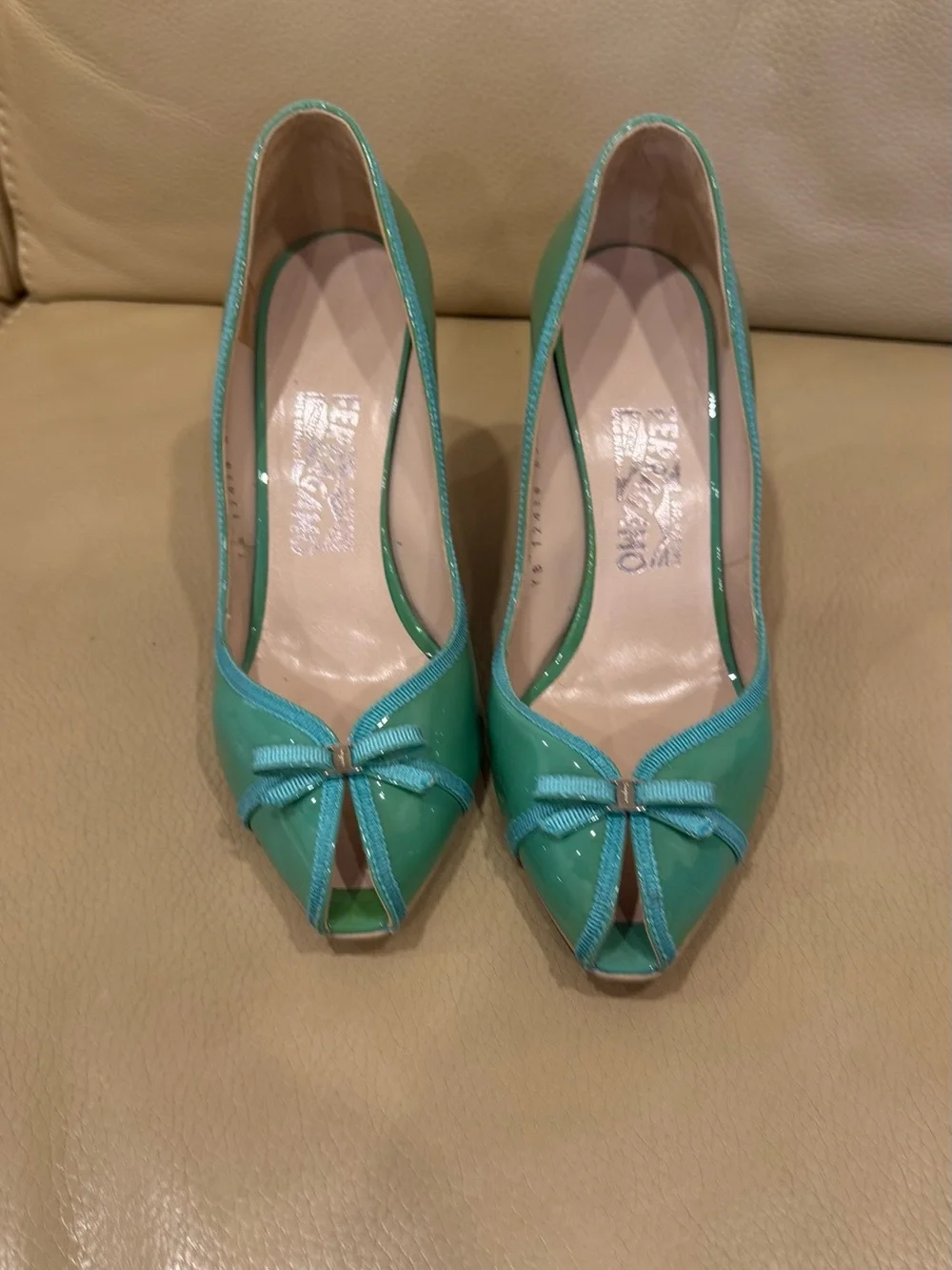 Salvatore Ferragamo Mint Green Patent Peep-Toe Pumps with Bow Accent
